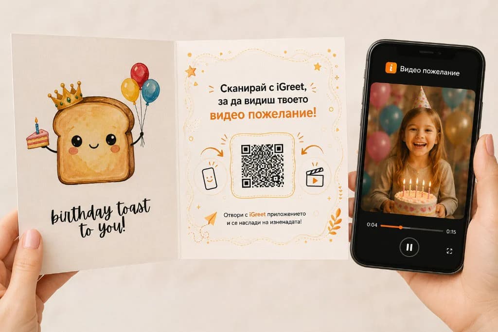 Отворена iGreet картичка с QR код и телефон, на който се възпроизвежда лично видео пожелание